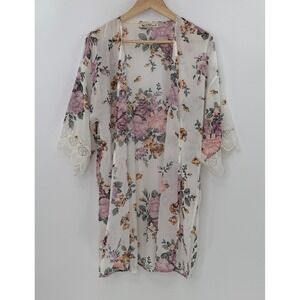 WallFlower Floral Print Kimono Cardigan Crochet Trim Size L Boho Hippie Preppy